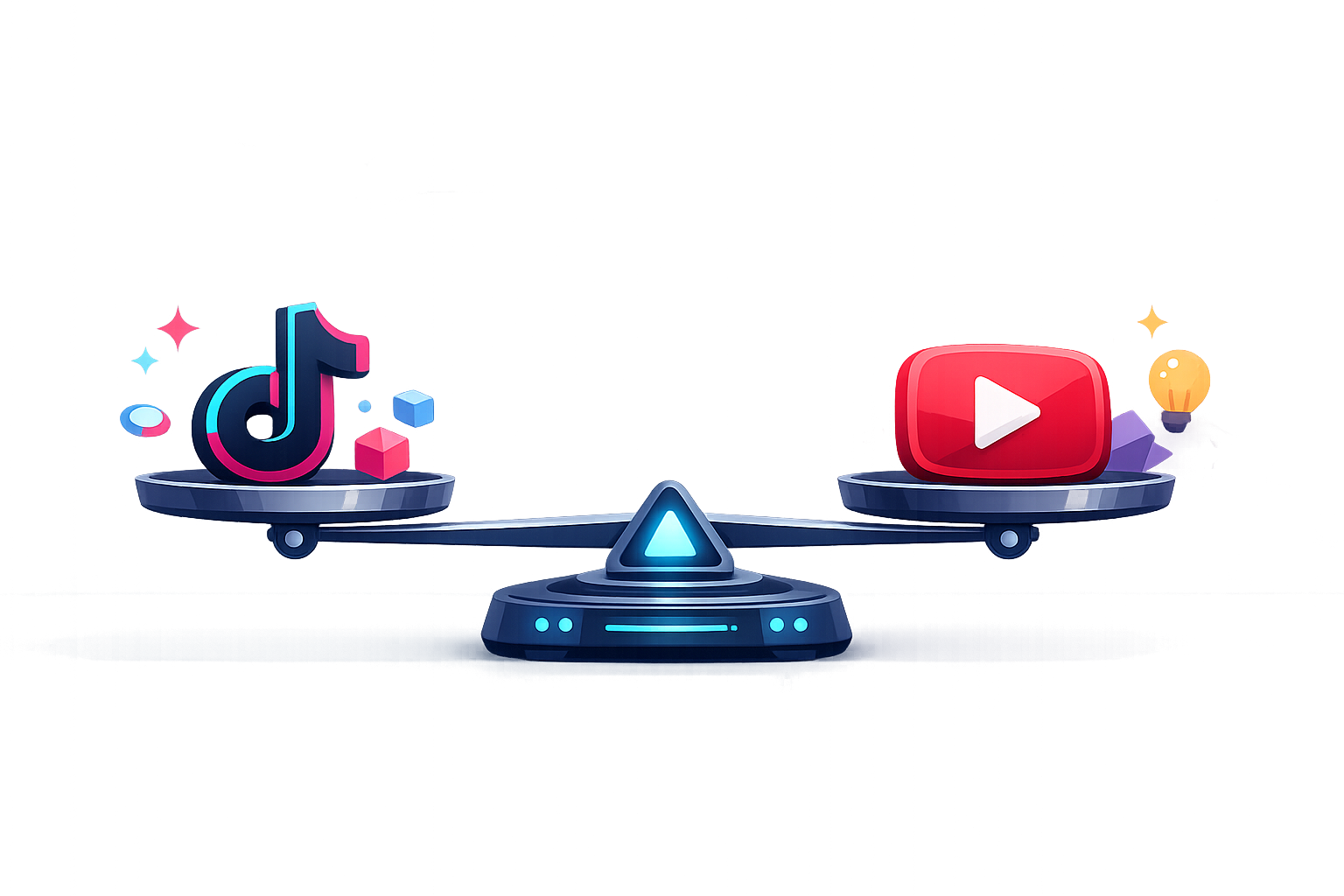 TikTok and YouTube logos on a scale representing AI content balance.