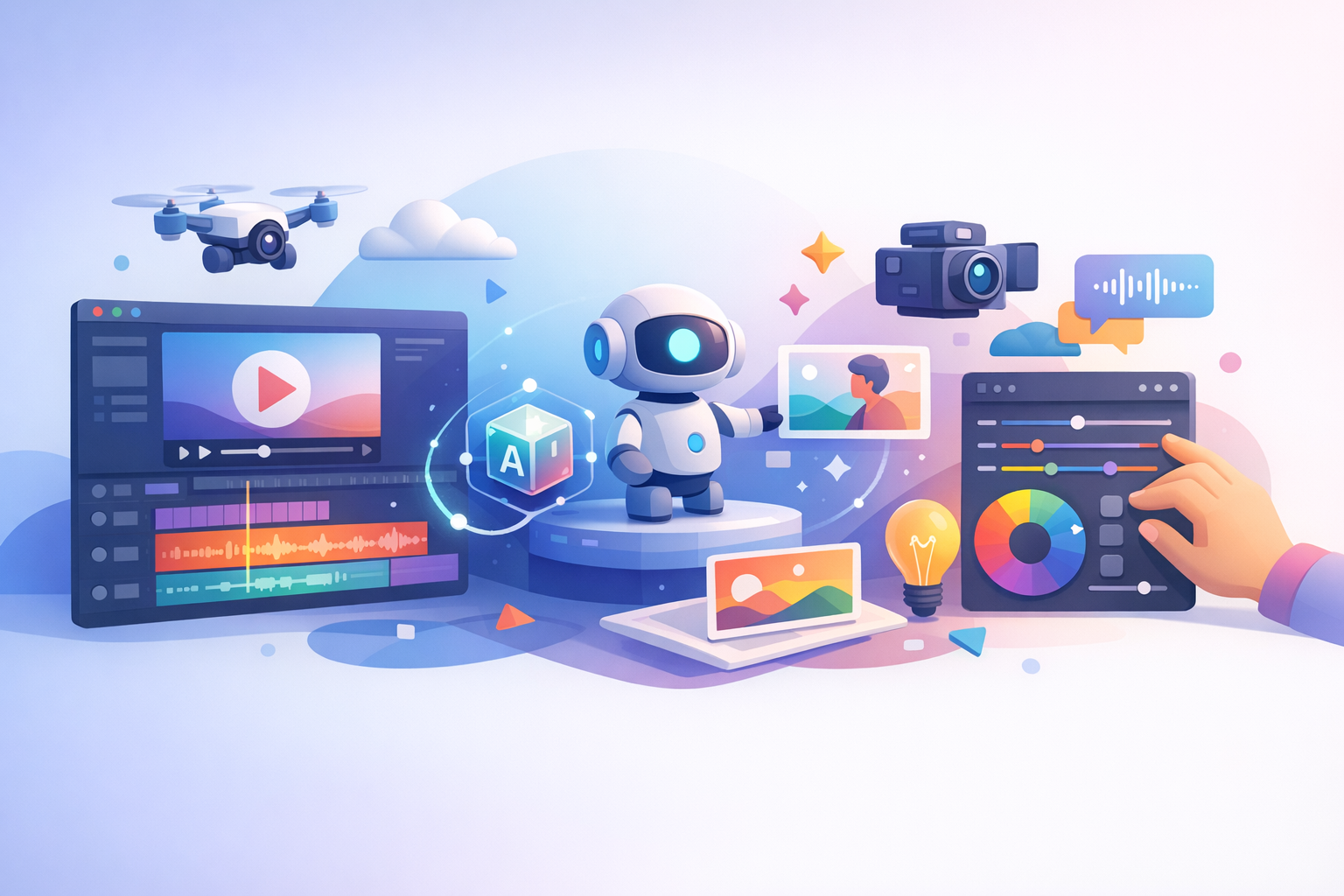 Illustrazione di strumenti video AI futuristici