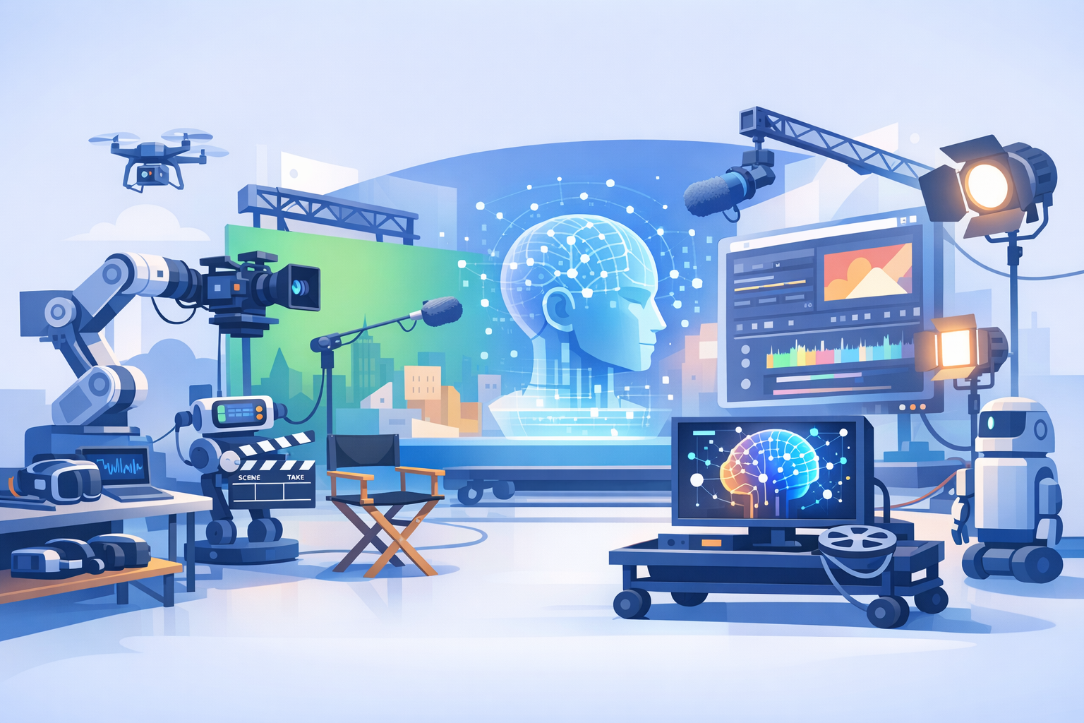 AI integrating with traditional film set illustration