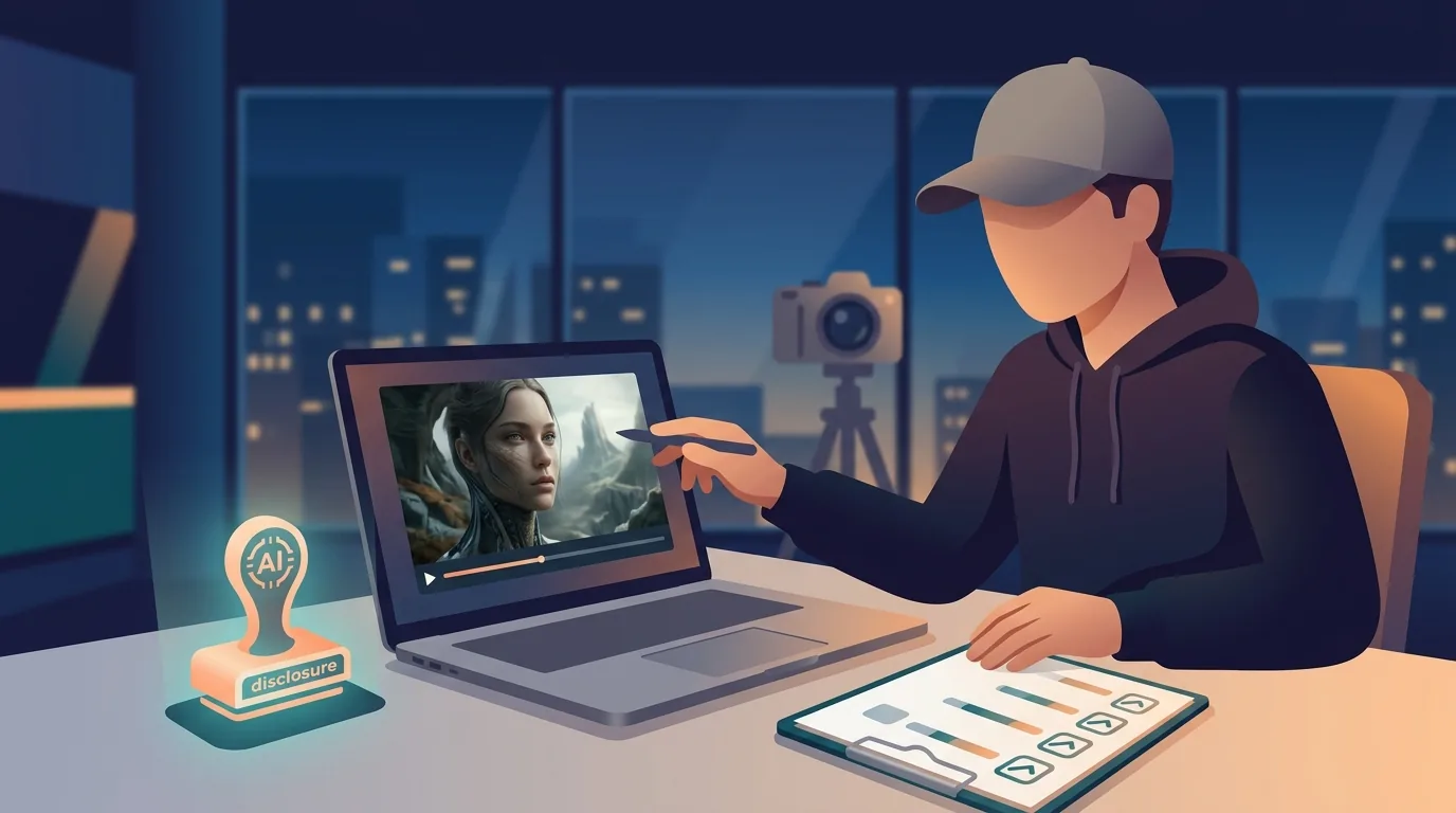 Creator reviewing an AI disclosure checklist before publishing a YouTube video
