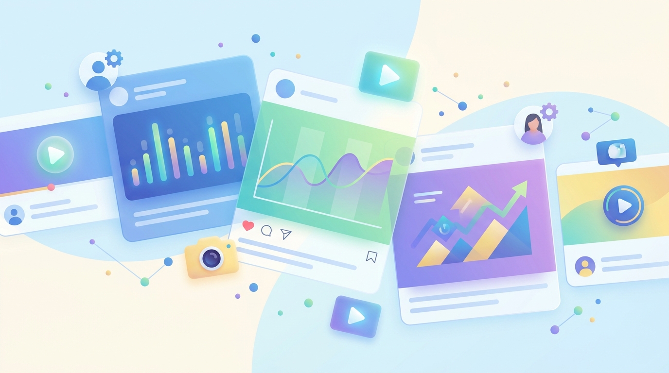 Dynamische illustratie van sociale media feeds en video-analyse.
