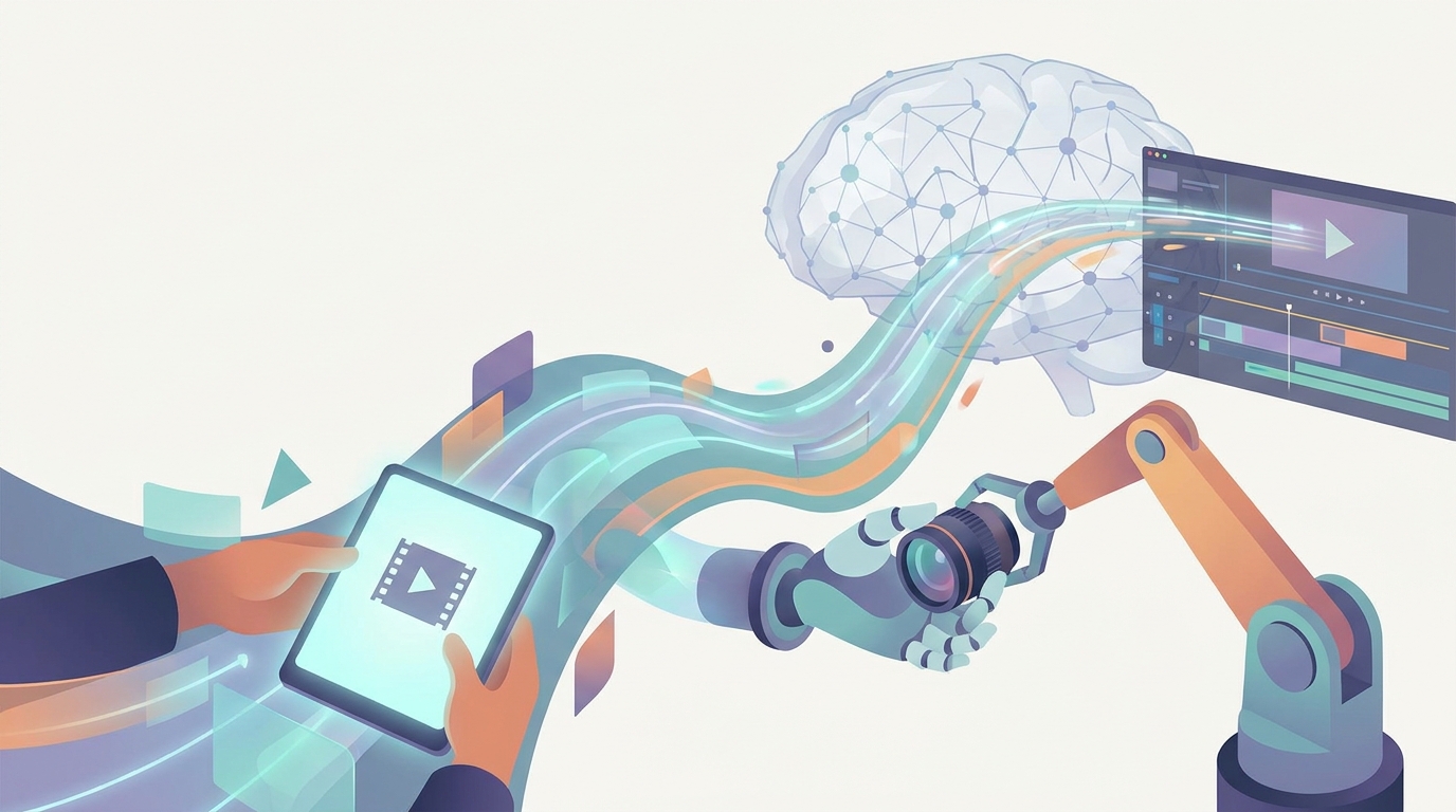 Abstract illustration of AI and human collaboration in video production.