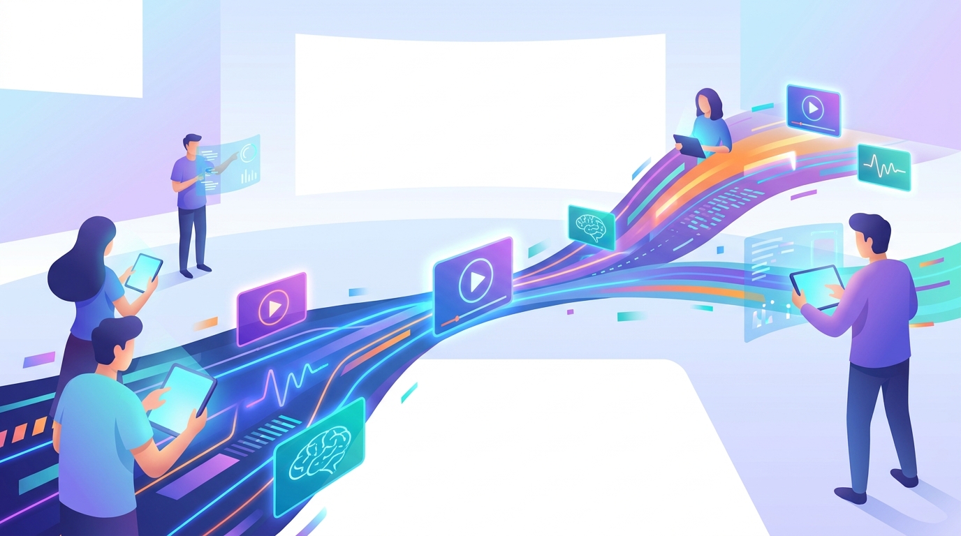 Illustration of video creators working with AI tools in a futuristic setting.