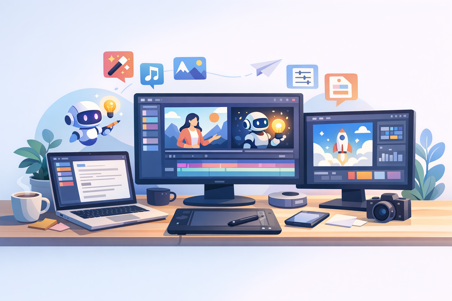 Digital workspace with AI content creation tools.