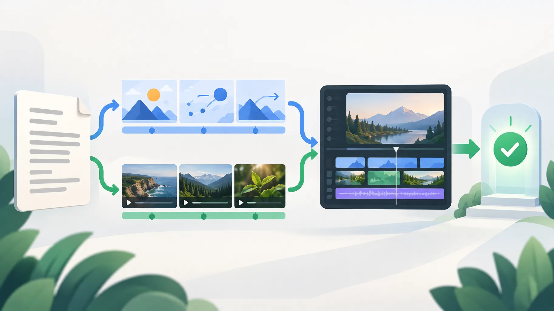 Illustration of a mixed-media explainer pipeline where animation and generated footage tracks merge into one timeline with an approval gate.