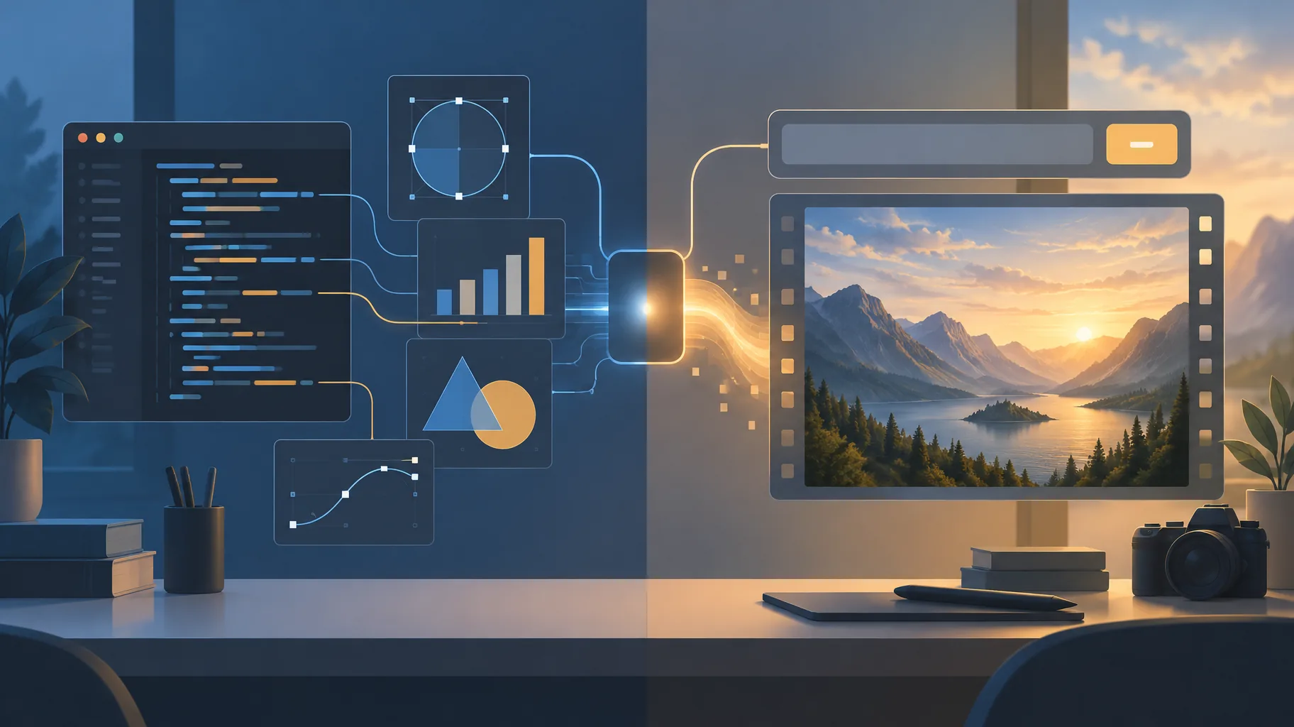 Illustration contrasting code-built animated charts on one side with prompt-generated realistic footage on the other.