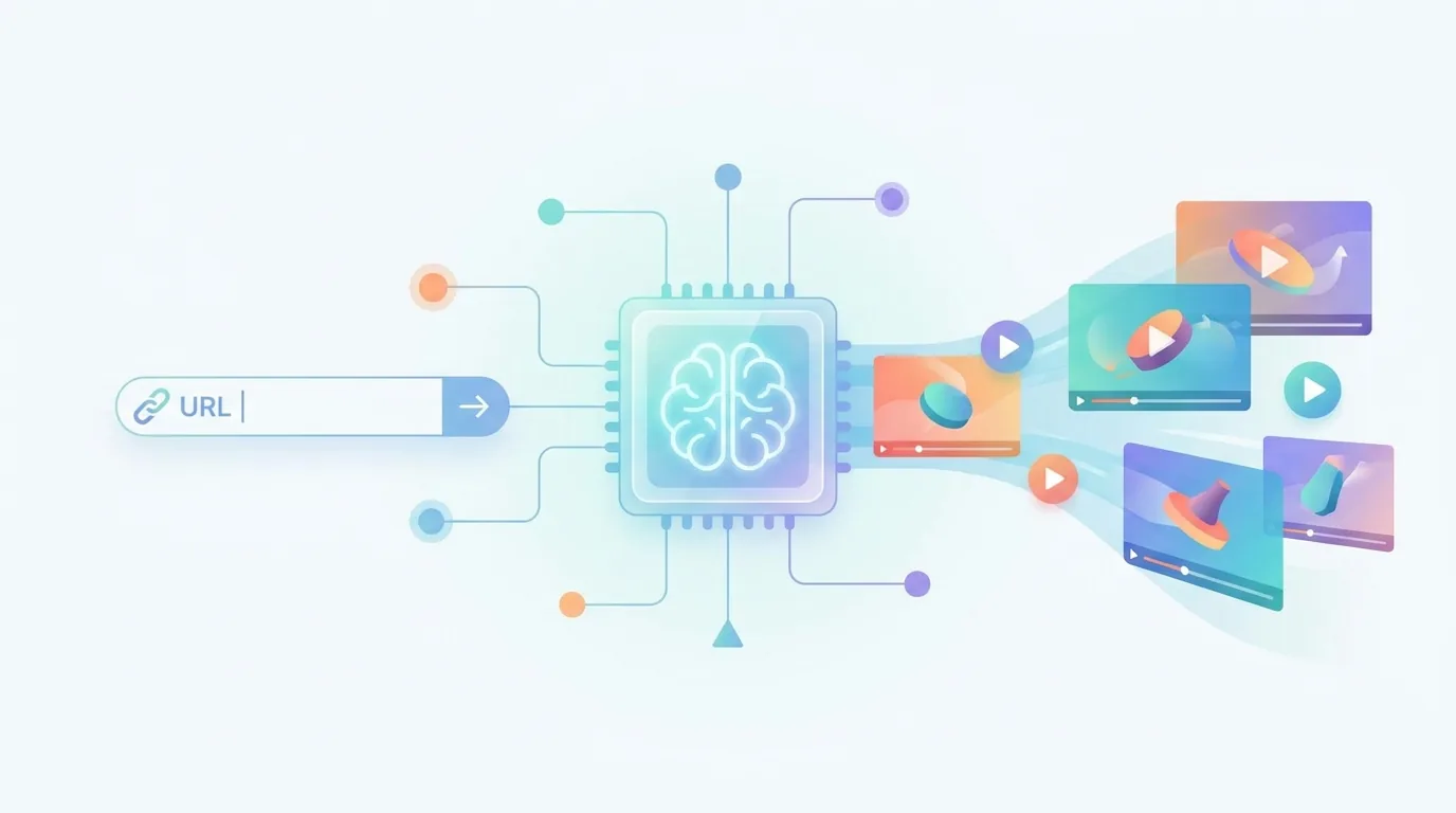 Illustration of AI transforming product URLs into video ads.