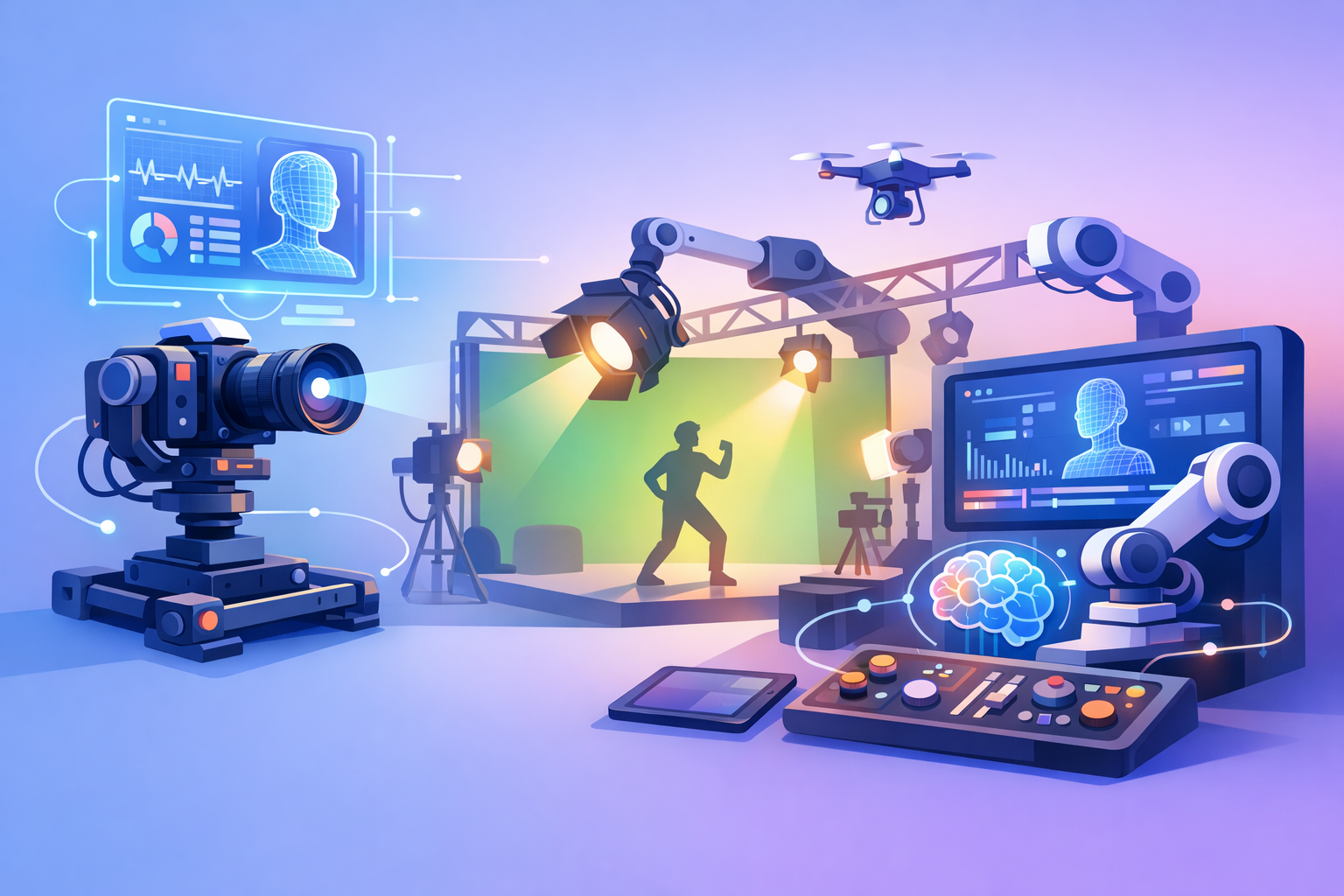 AI camera and lighting control in video production illustration.