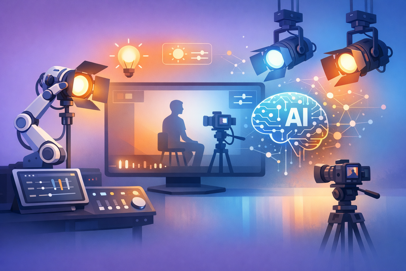 AI lighting control in video production illustration.