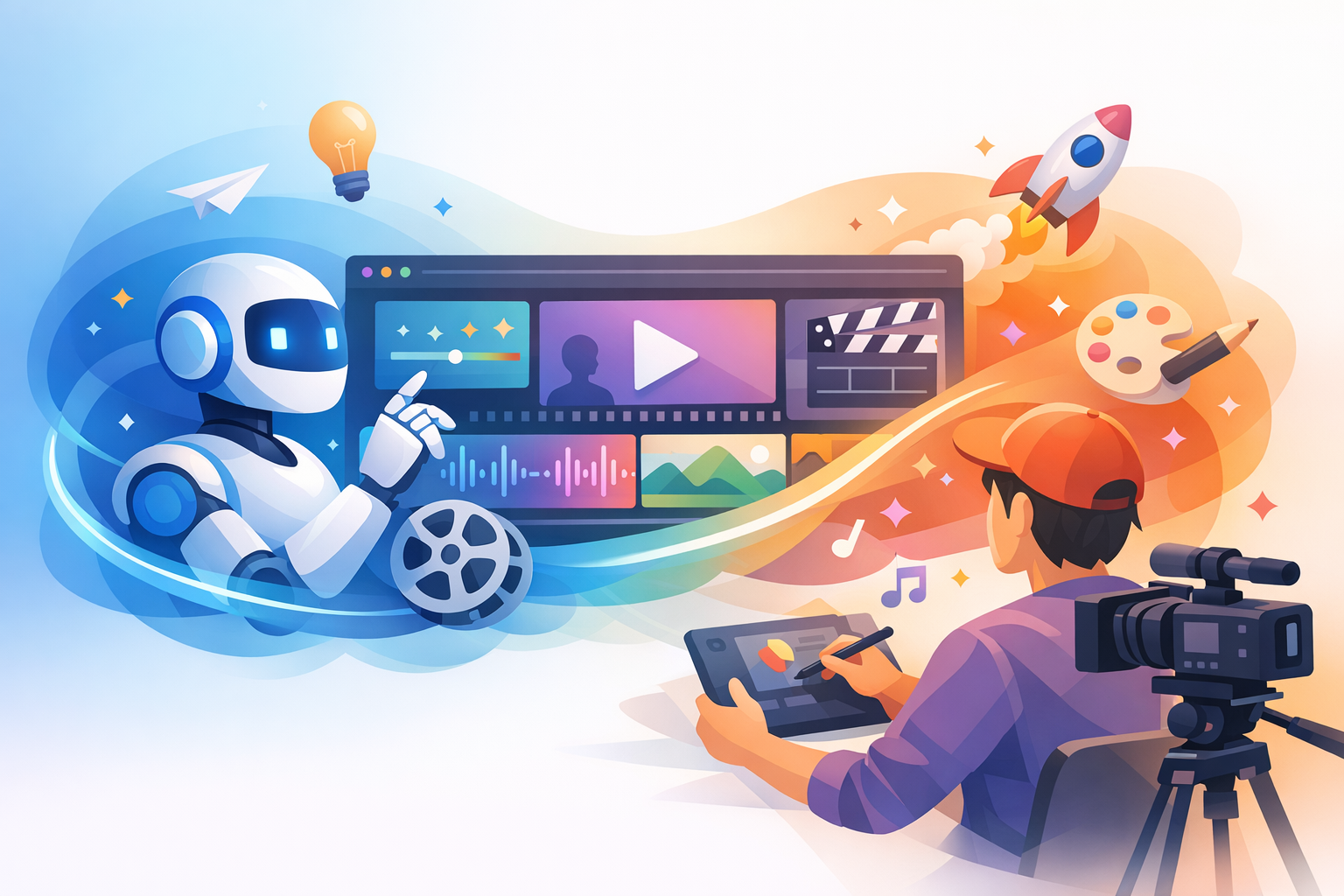 AI collaborating with human creativity in video production.