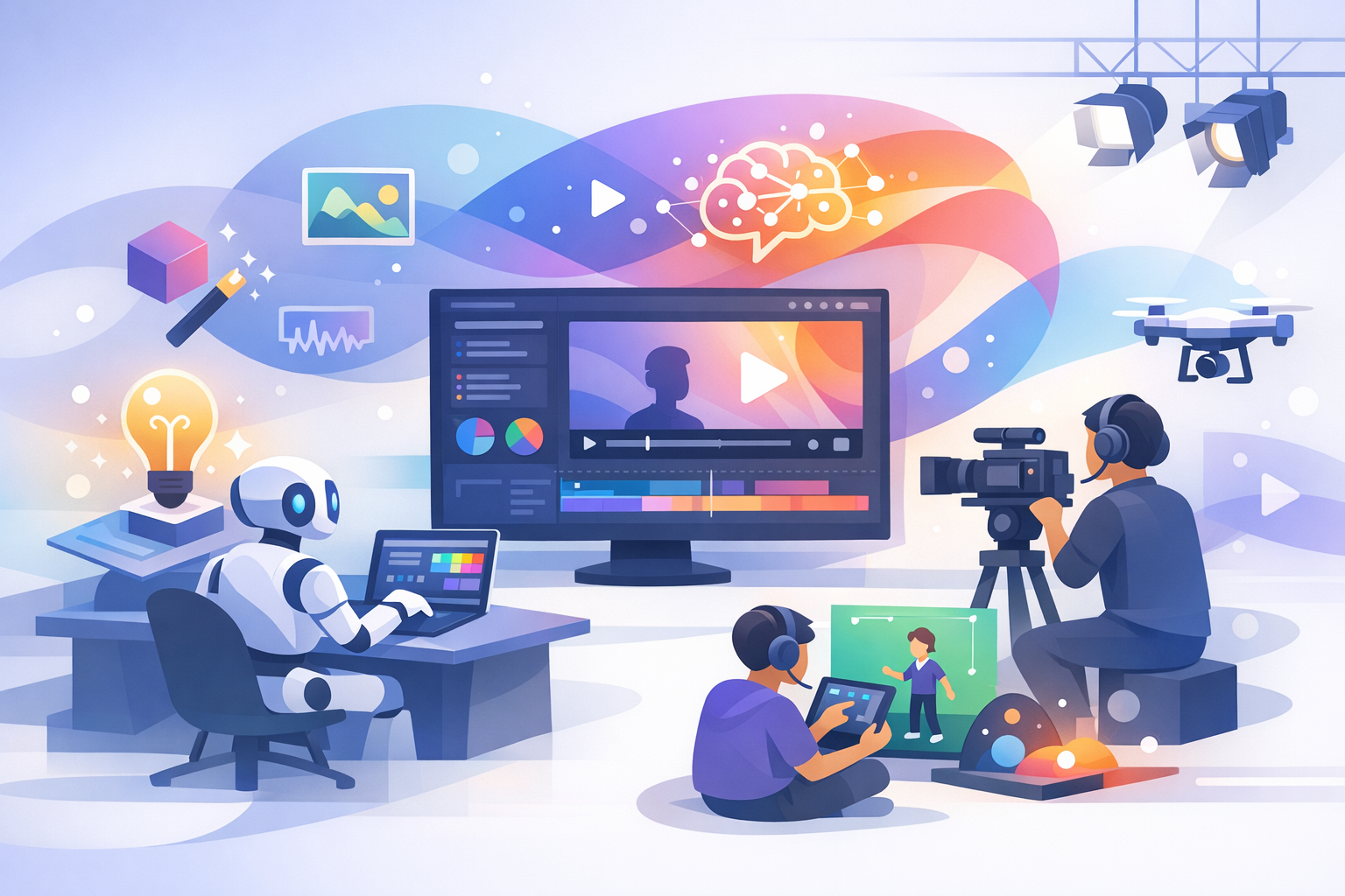 AI tools enhancing video creation in a dynamic studio setting.