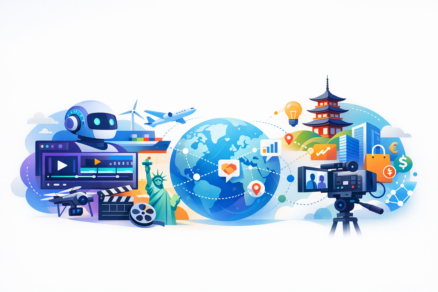 AI-driven video production for global business illustration.