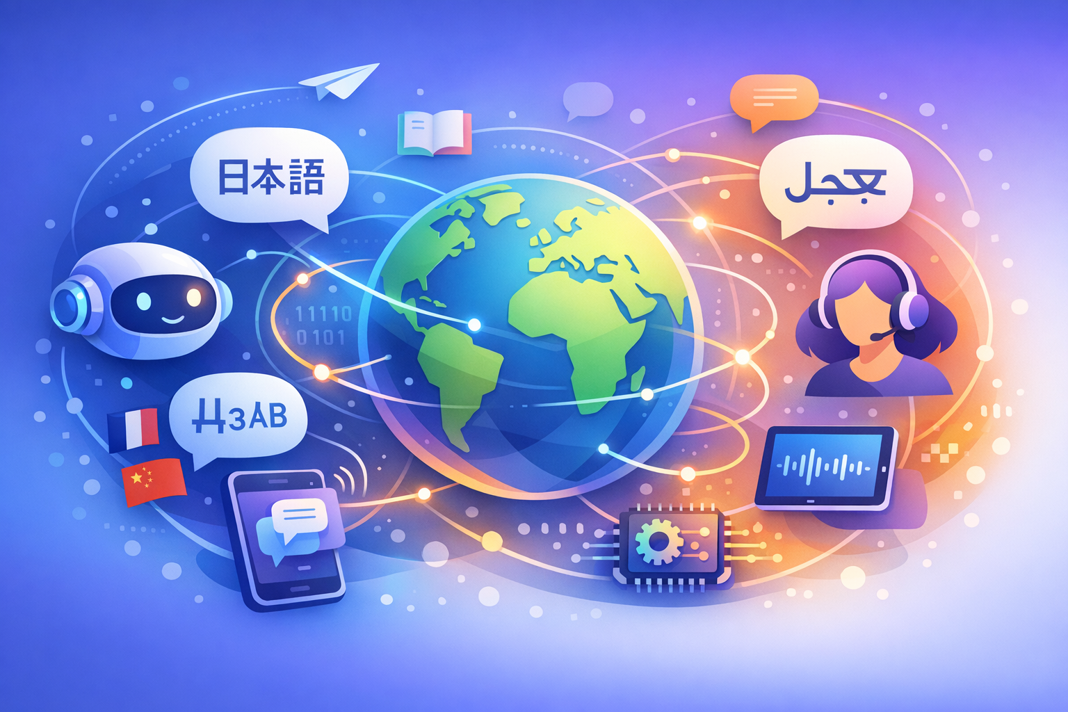 Global communication through multilingual AI illustration.