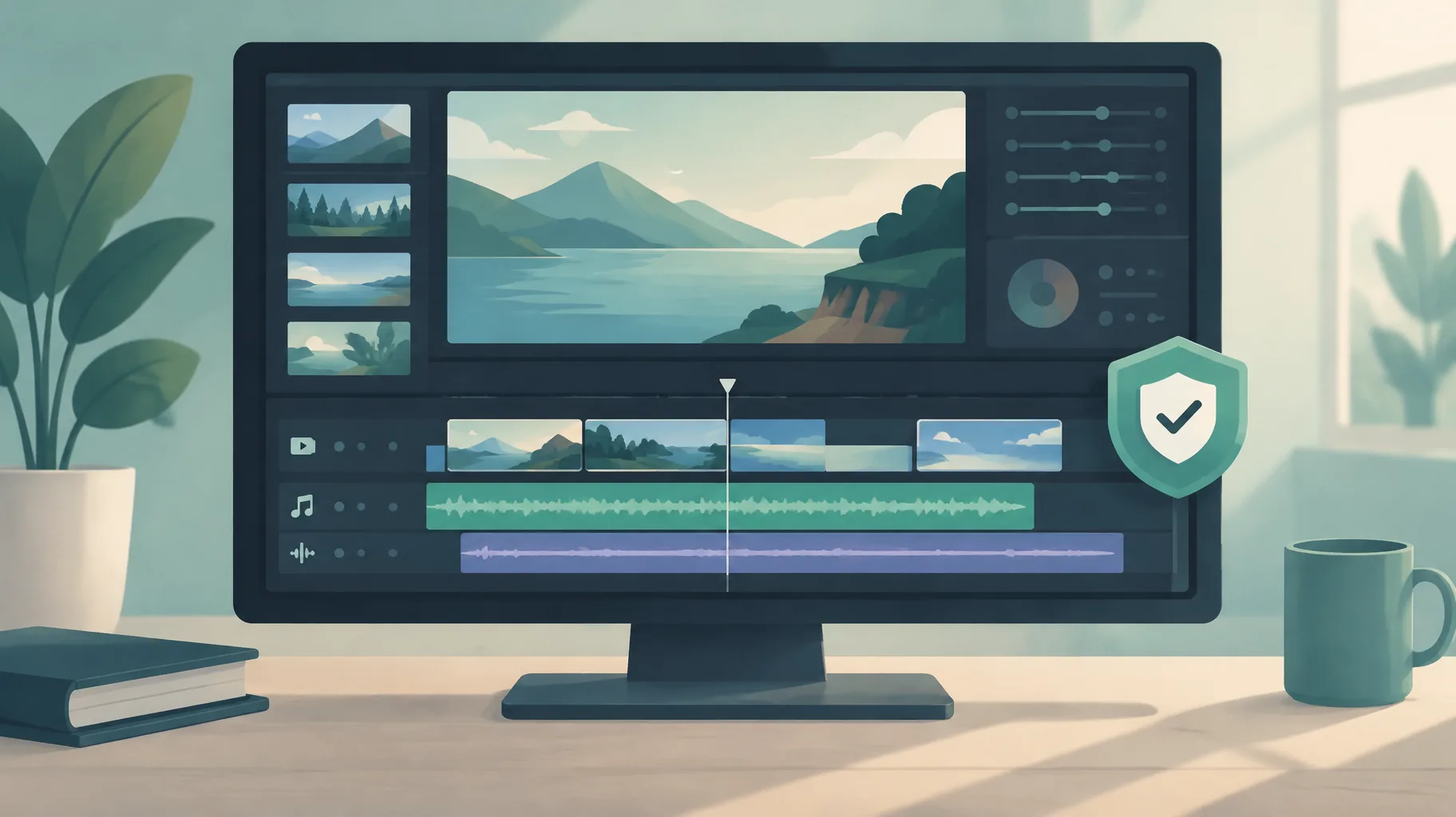 Illustration of narration and editing layers added over stock clips to build an original video.