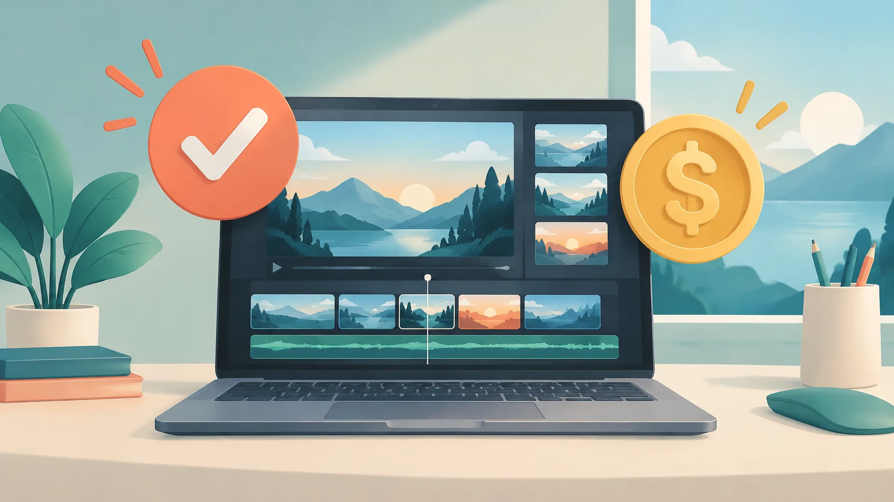 Illustration of a stock-footage video timeline with a licensing checkmark and monetization coin.