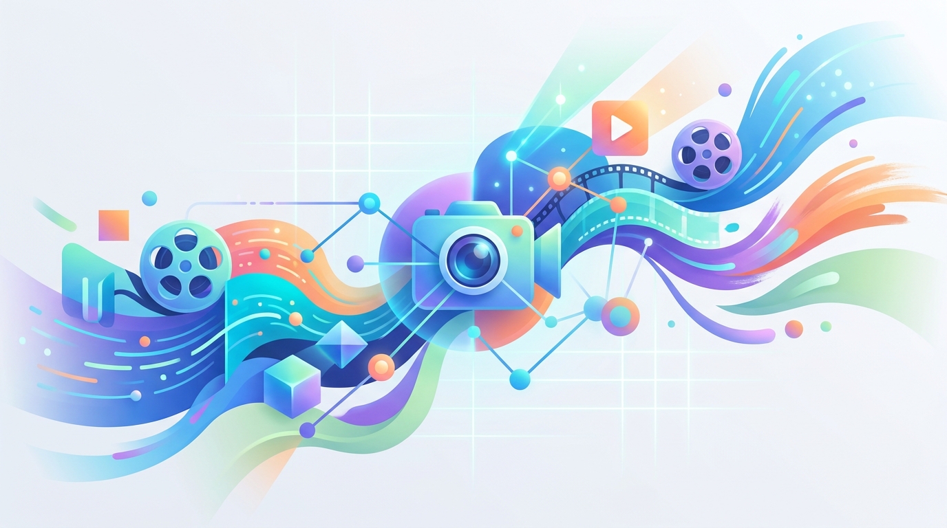Abstraktní ilustrace budoucnosti vytváření videí pomocí AI
