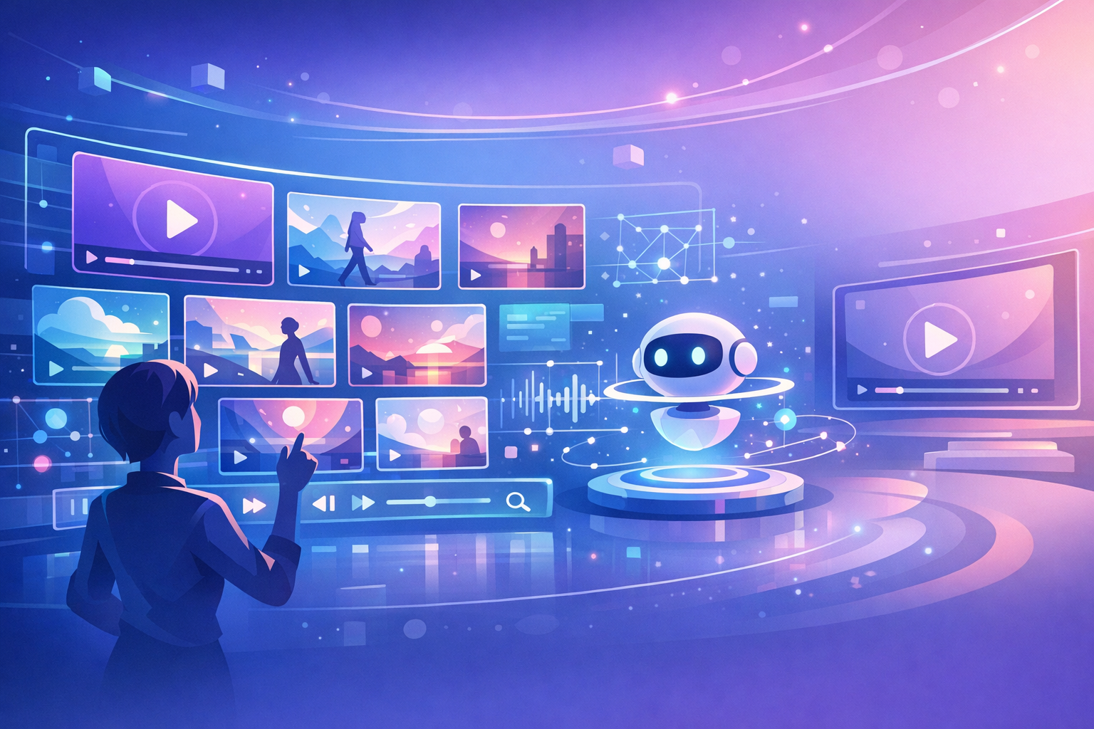 Futuristic video library interface with AI elements