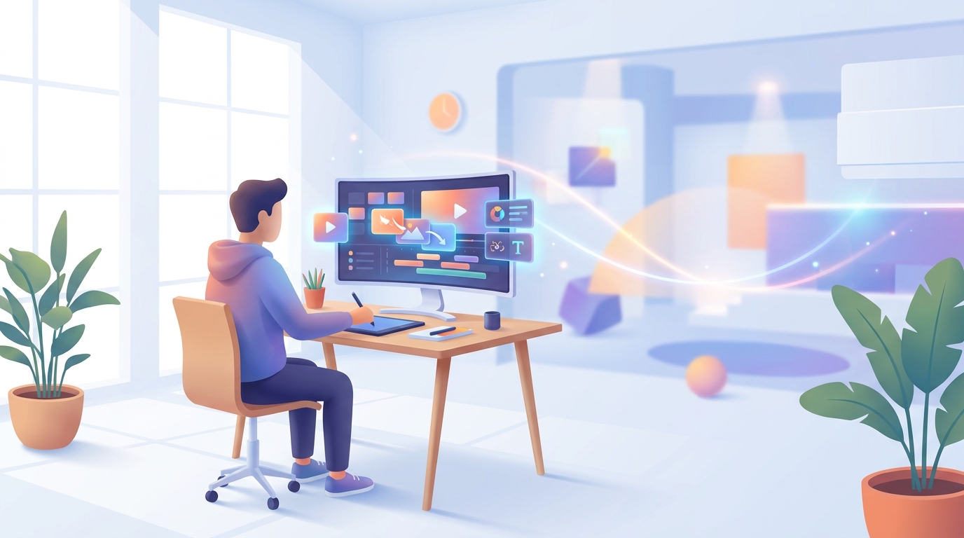 A content creator editing a video using AI tools in a bright, futuristic studio.