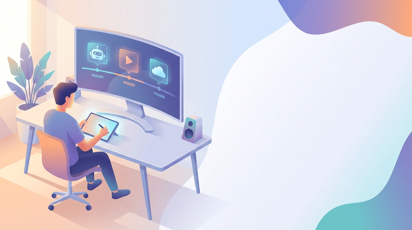 A content creator using AI tools on a computer.