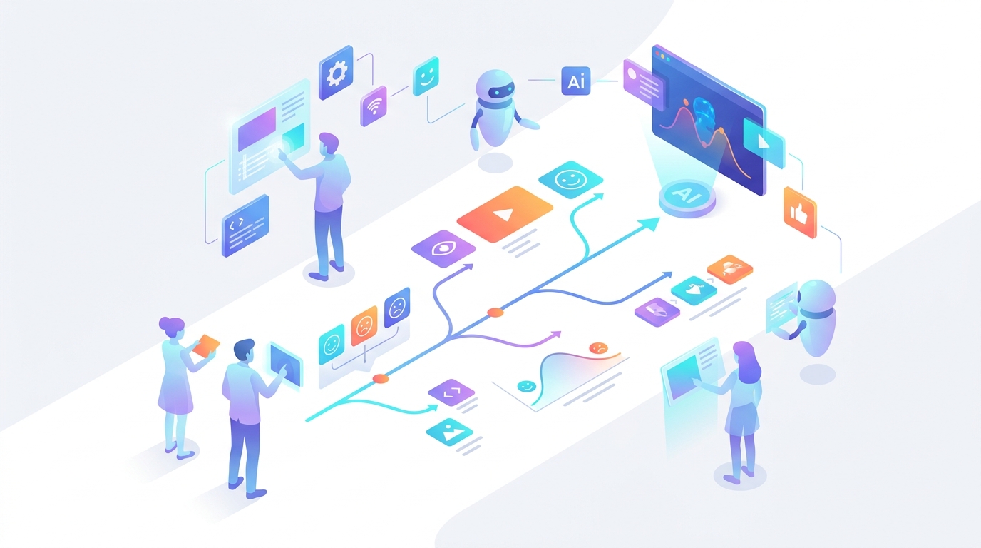 Futuristic AI storyboarding illustration with holographic visuals.