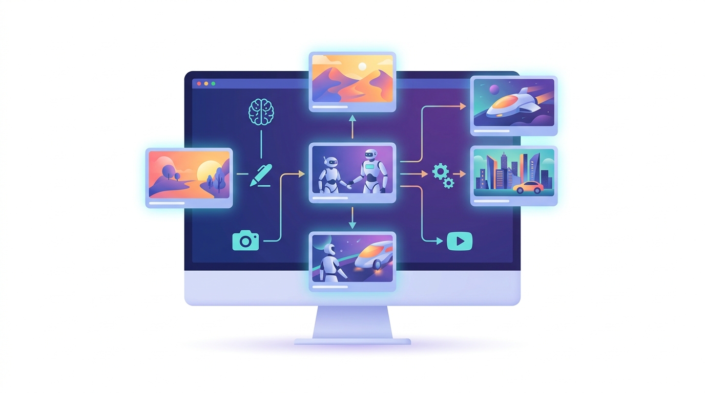 AI storyboarding on a computer screen showing virtual scenes.