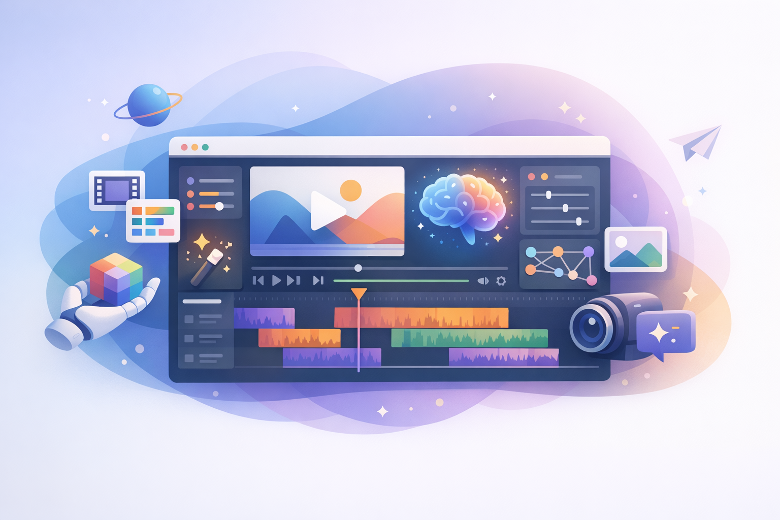 Abstract video editing software interface with AI tools