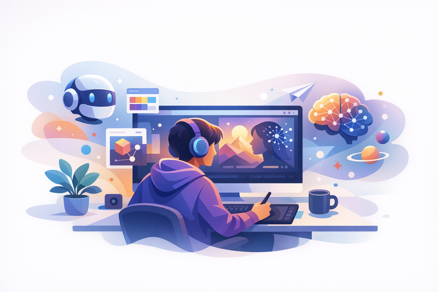 Digital creator using AI tools on a computer screen