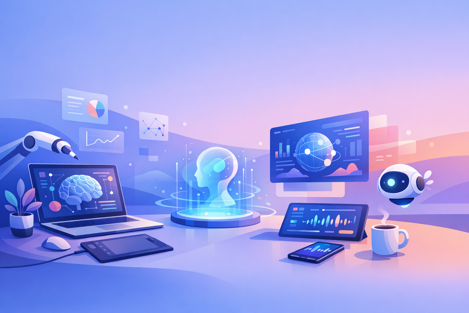 Futuristic workspace with digital tools and AI interfaces