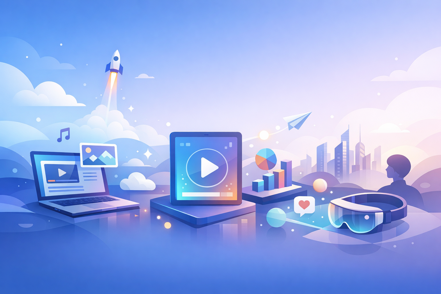 Illustration of a futuristic digital content landscape.