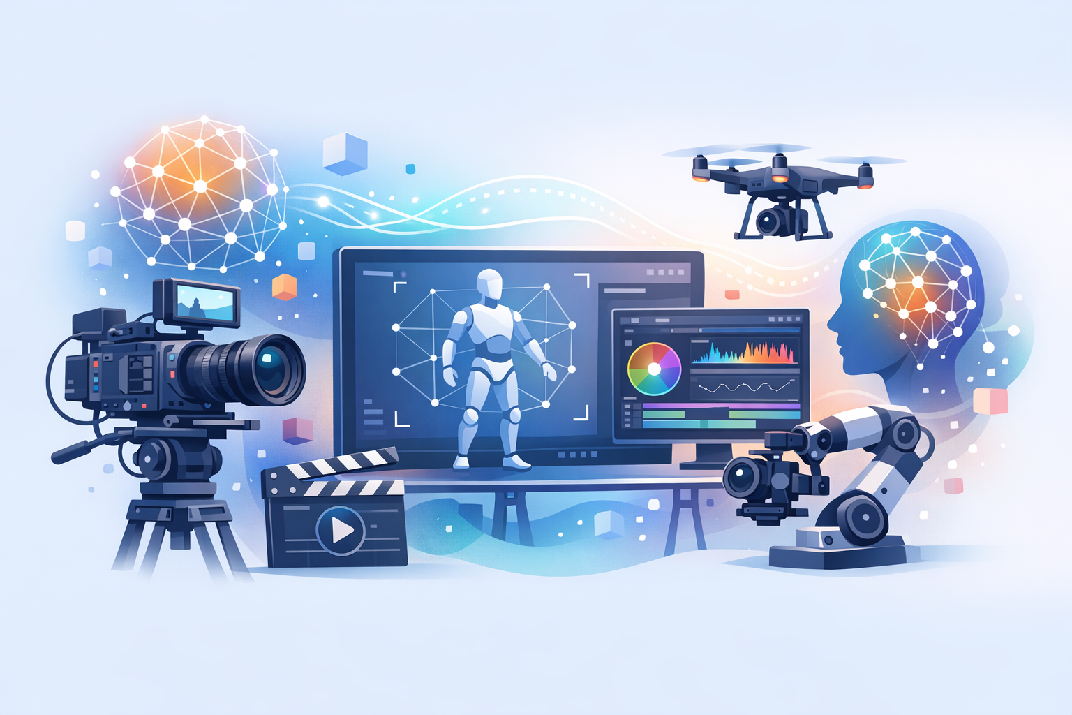 AI integration in film production with cameras and digital screens.