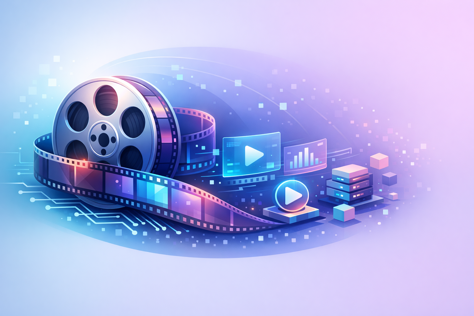 A film reel intertwined with digital circuitry, symbolizing AI in film production.