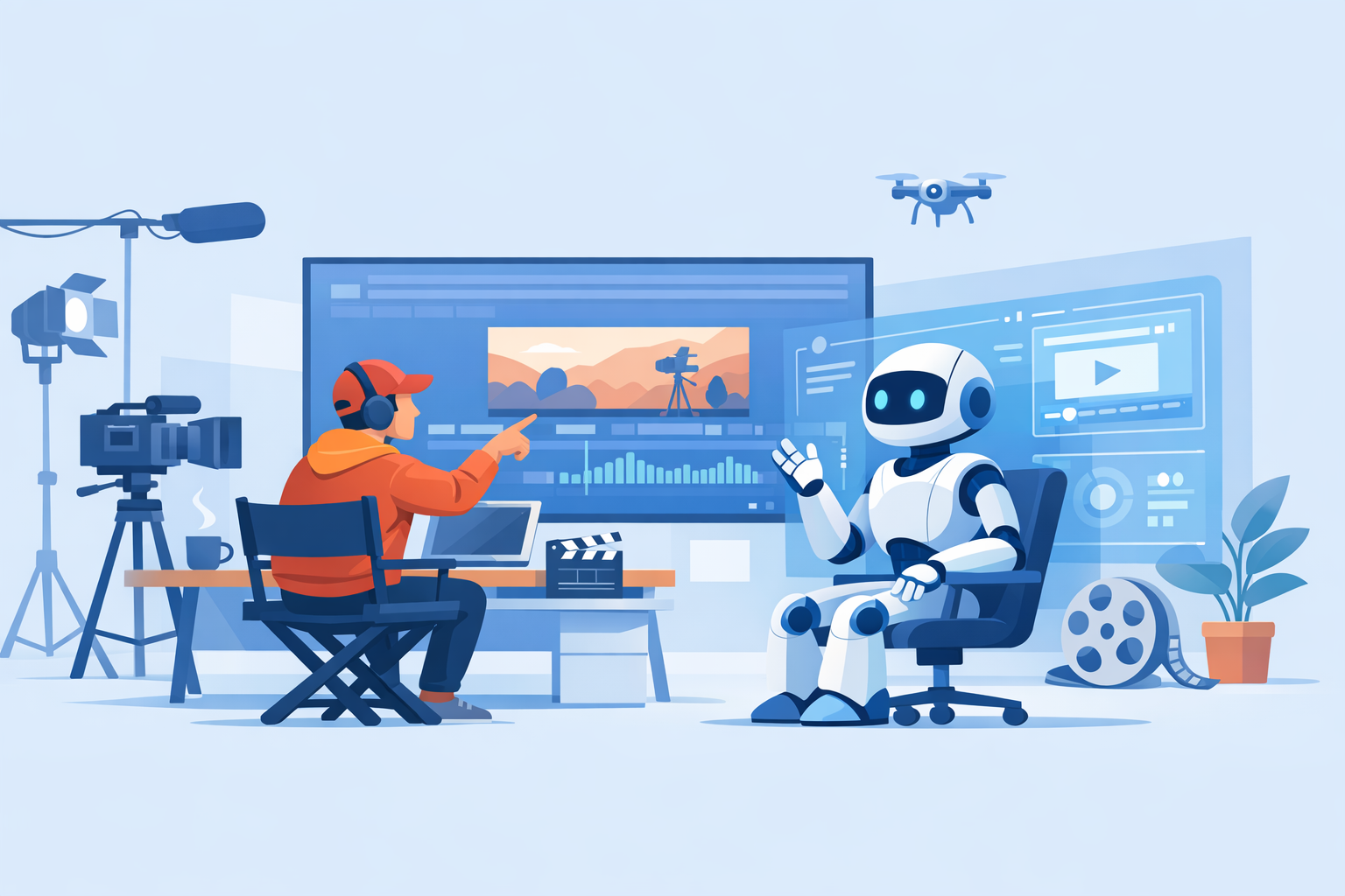 An AI system working alongside a filmmaker in a modern studio setting.