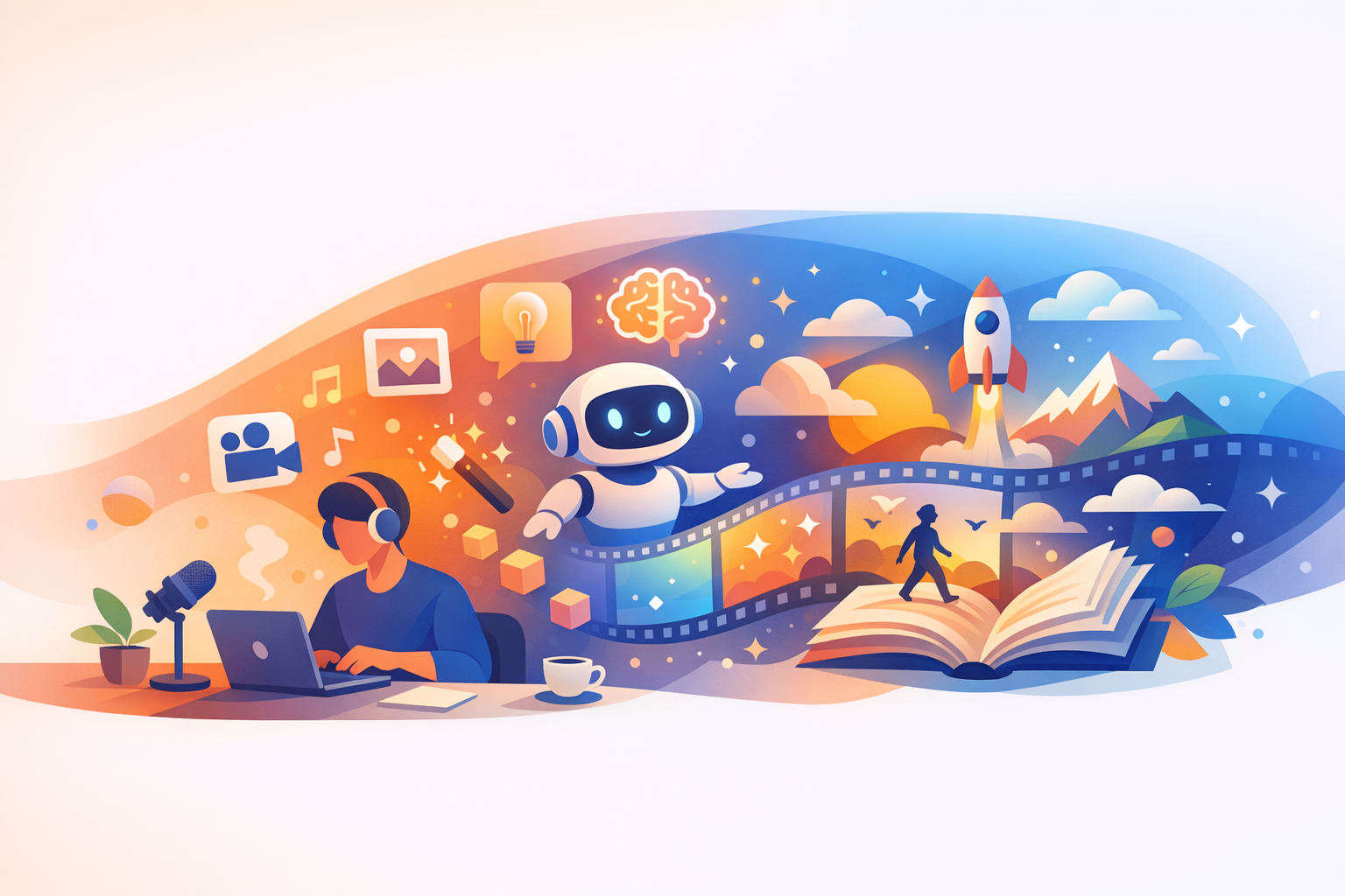 Creative depiction of a content creator using AI for storytelling.