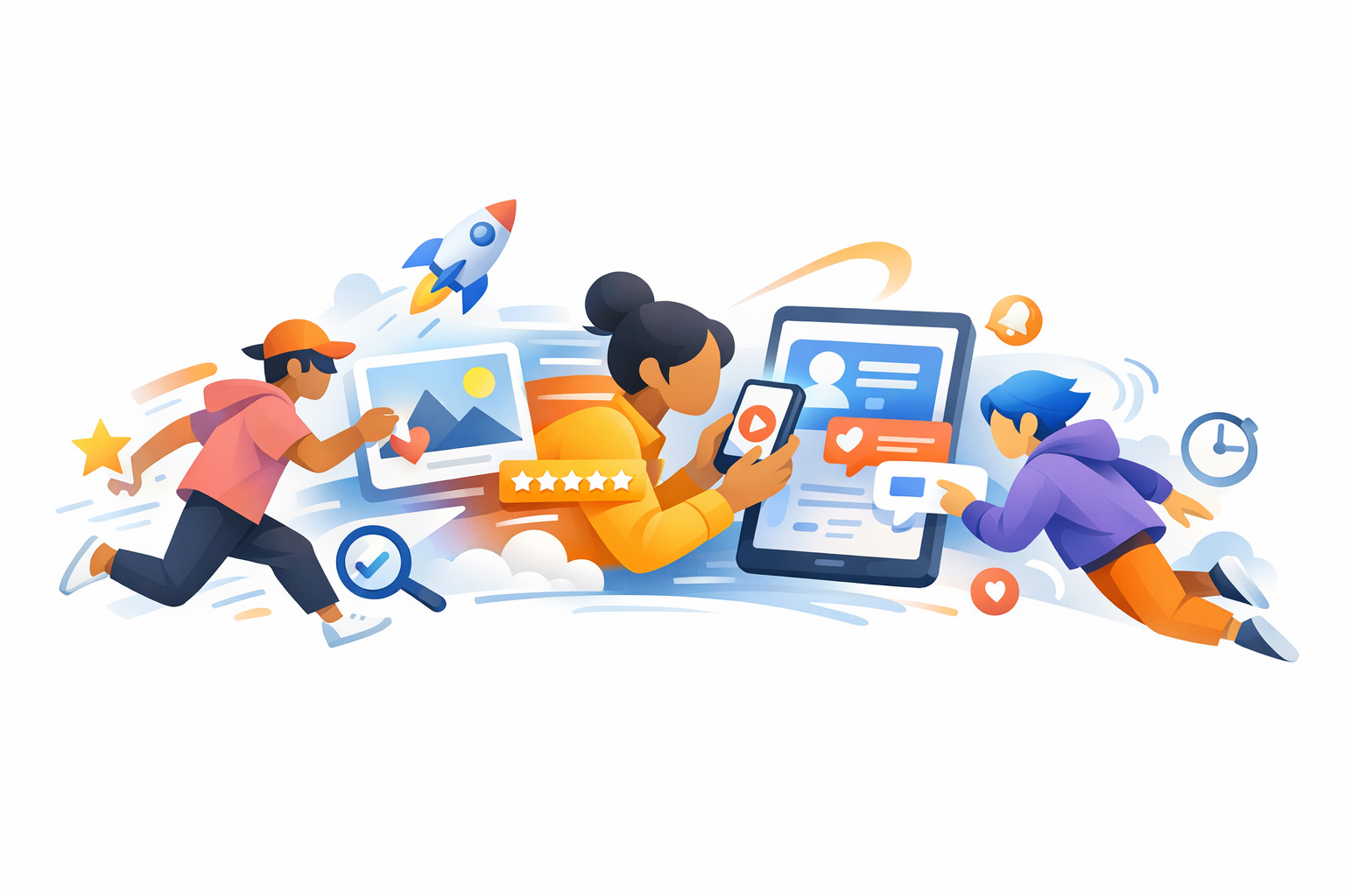Abstract illustration of people engaging with digital content instantly.