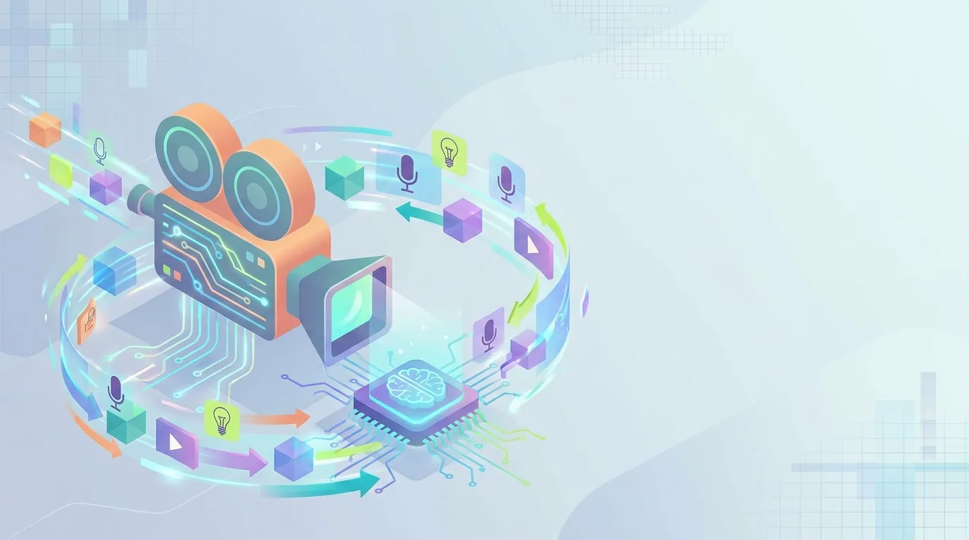 Abstract illustration of cinema camera with digital prompts around it.