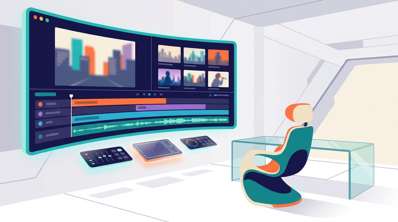 Futuristic music video editing workspace