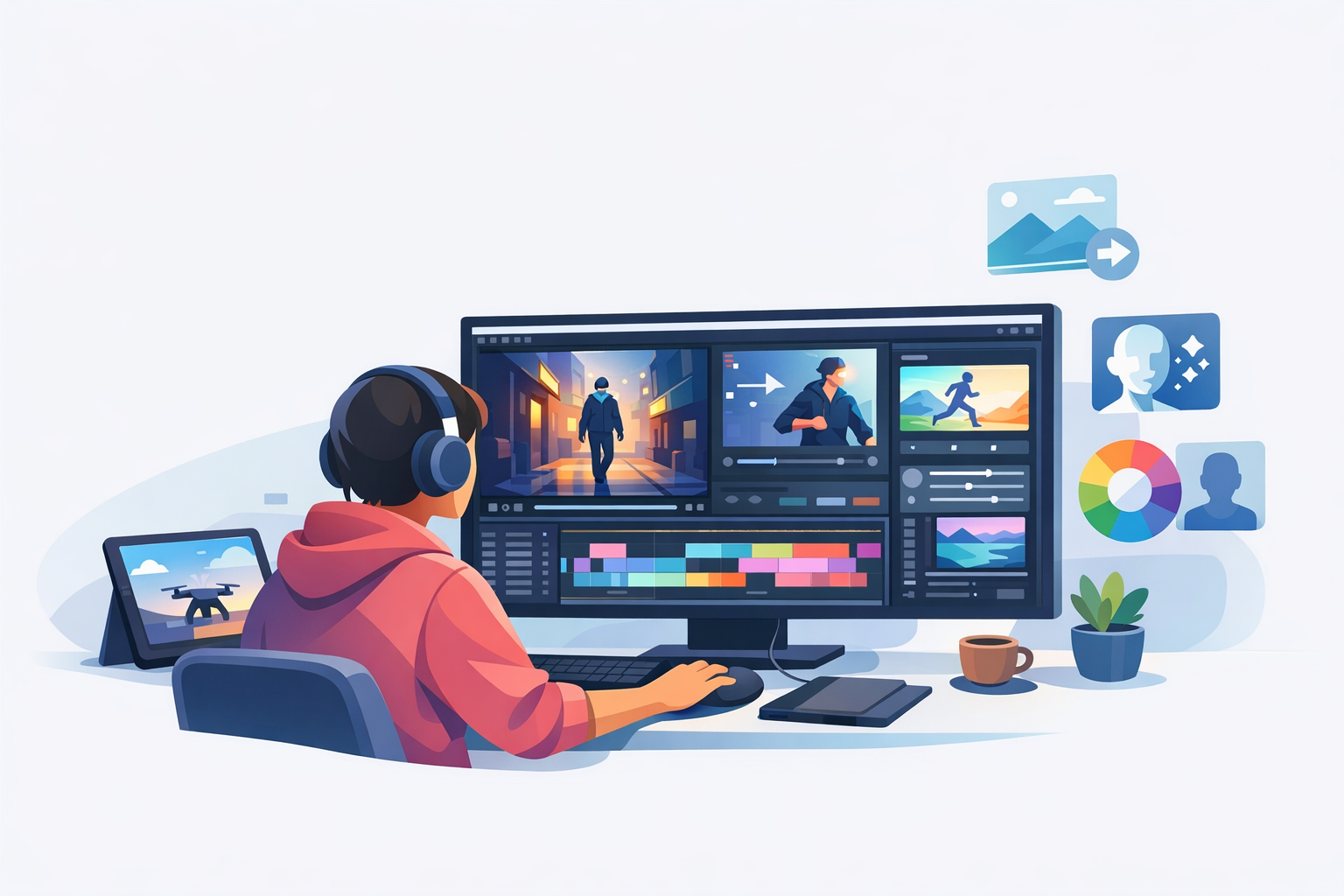 Creator using AI video editing software