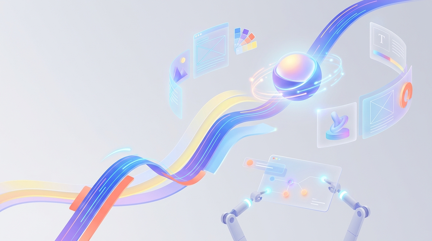 Futuristic creative design process with AI elements in vibrant colors.