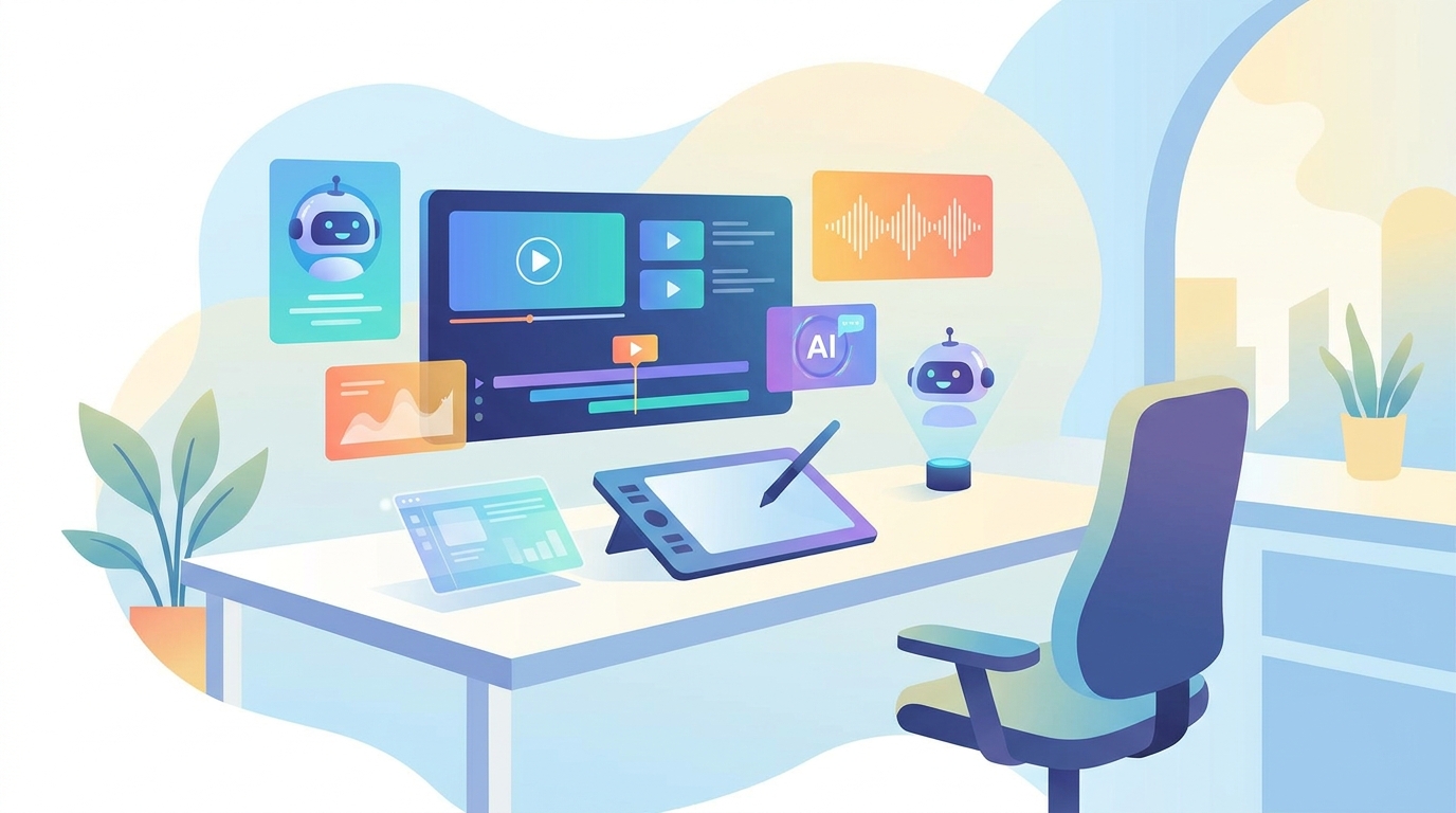 AI-driven video editing workspace illustration.