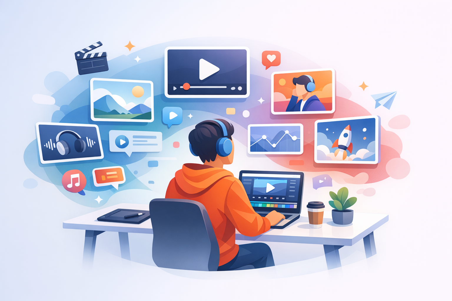 Professional kreatif mengeksplorasi konten multimedia.