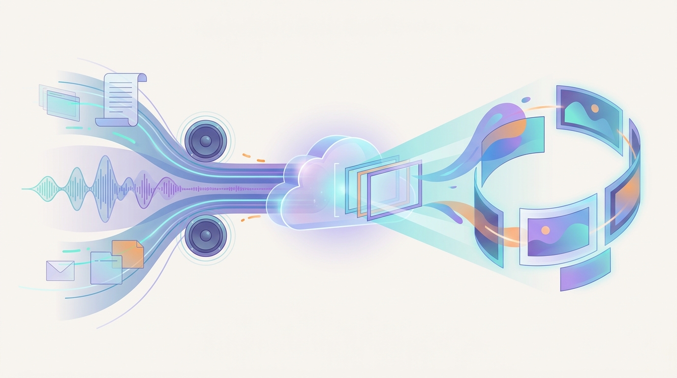 Futuristic AI video creation ecosystem blending multimedia elements.