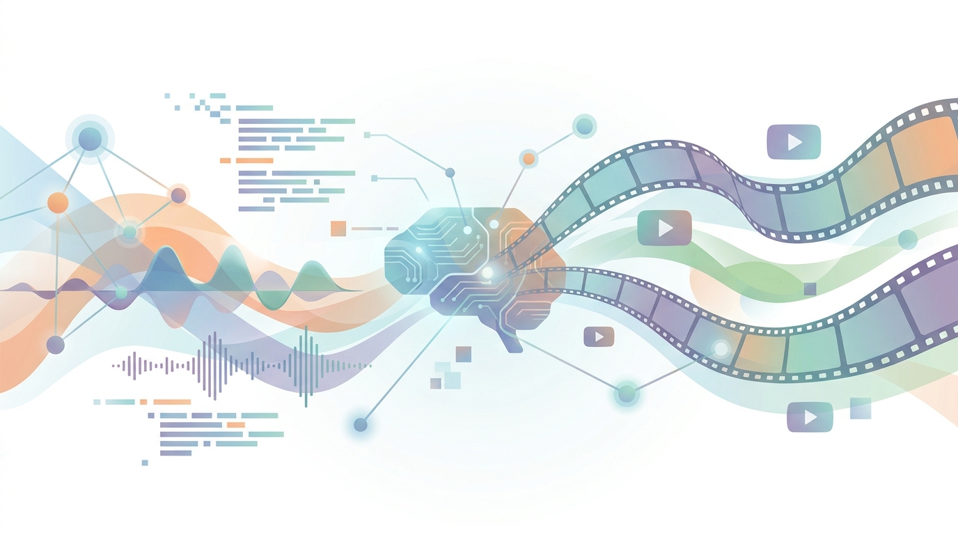 Abstract representation of a multimodal AI ecosystem in video creation.
