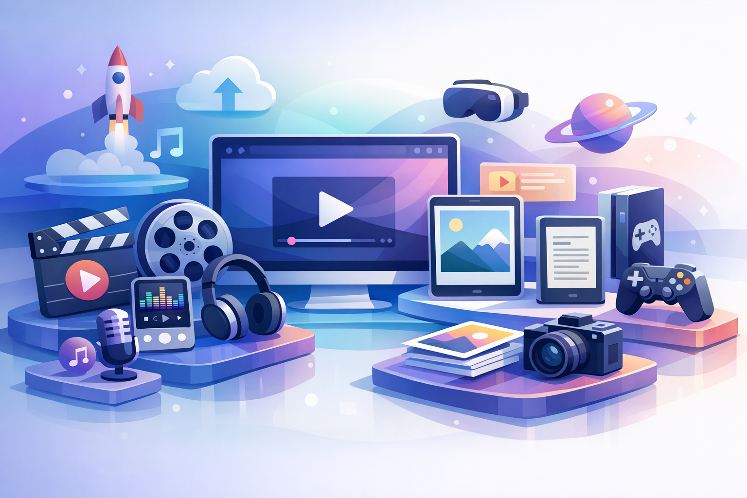 Digital content library with diverse media formats.