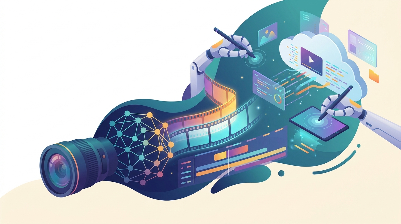 Creative illustration of AI and video creation tools.