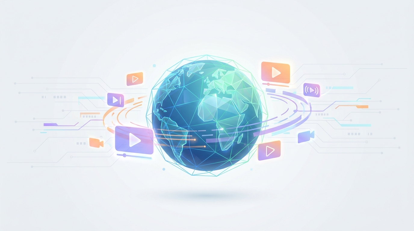 Global reach with digital video icons.