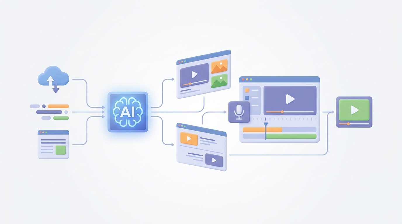 Illustration of AI-driven video creation process with digital tools.