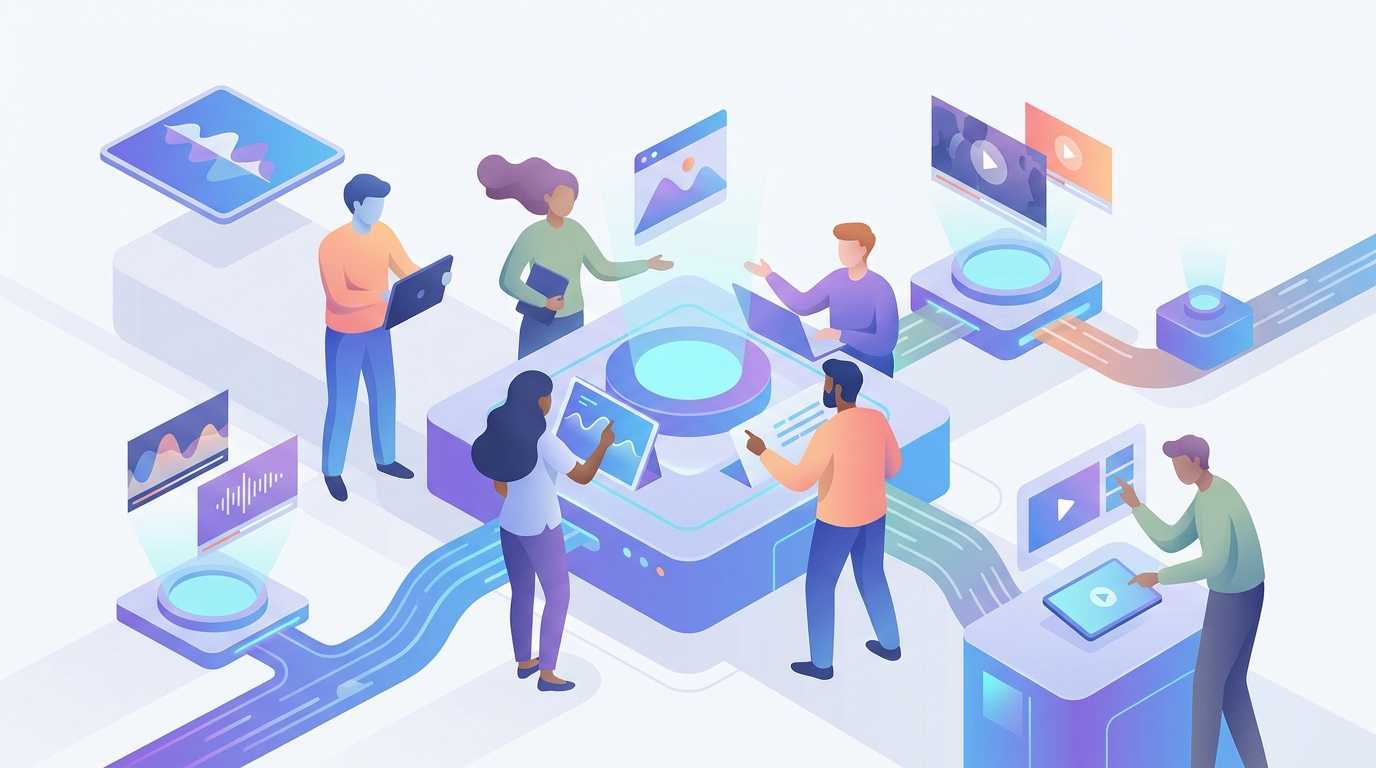 Futuristic digital landscape with creators and AI video tools.