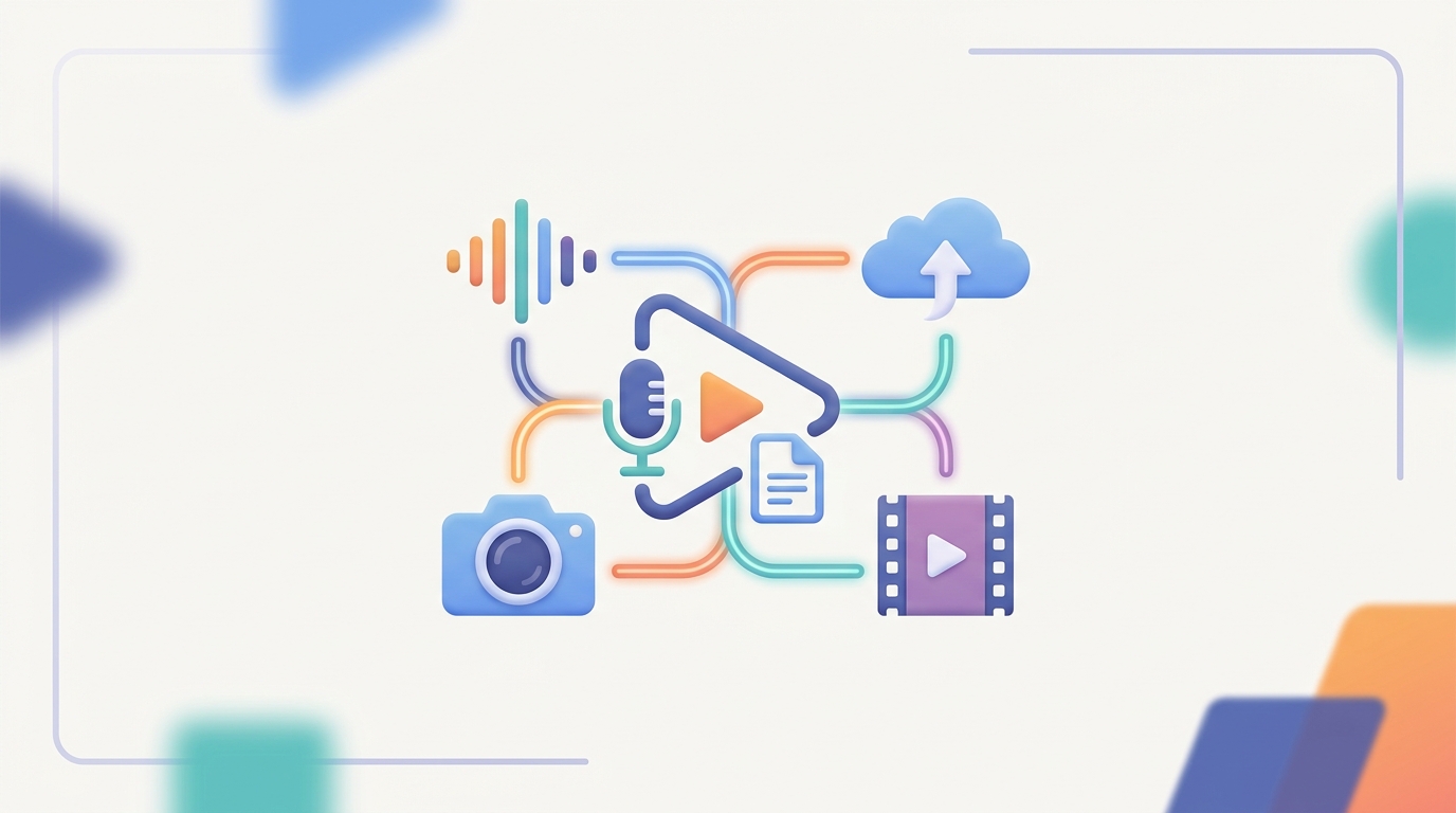 Illustration showing the integration of text, audio, and images into video content.