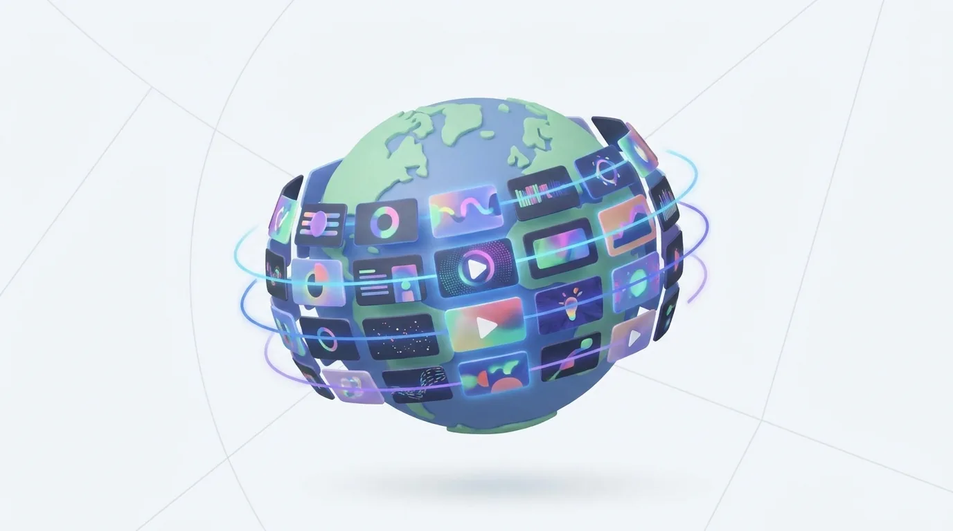 Digital globe composed of various video thumbnails representing global video localization.