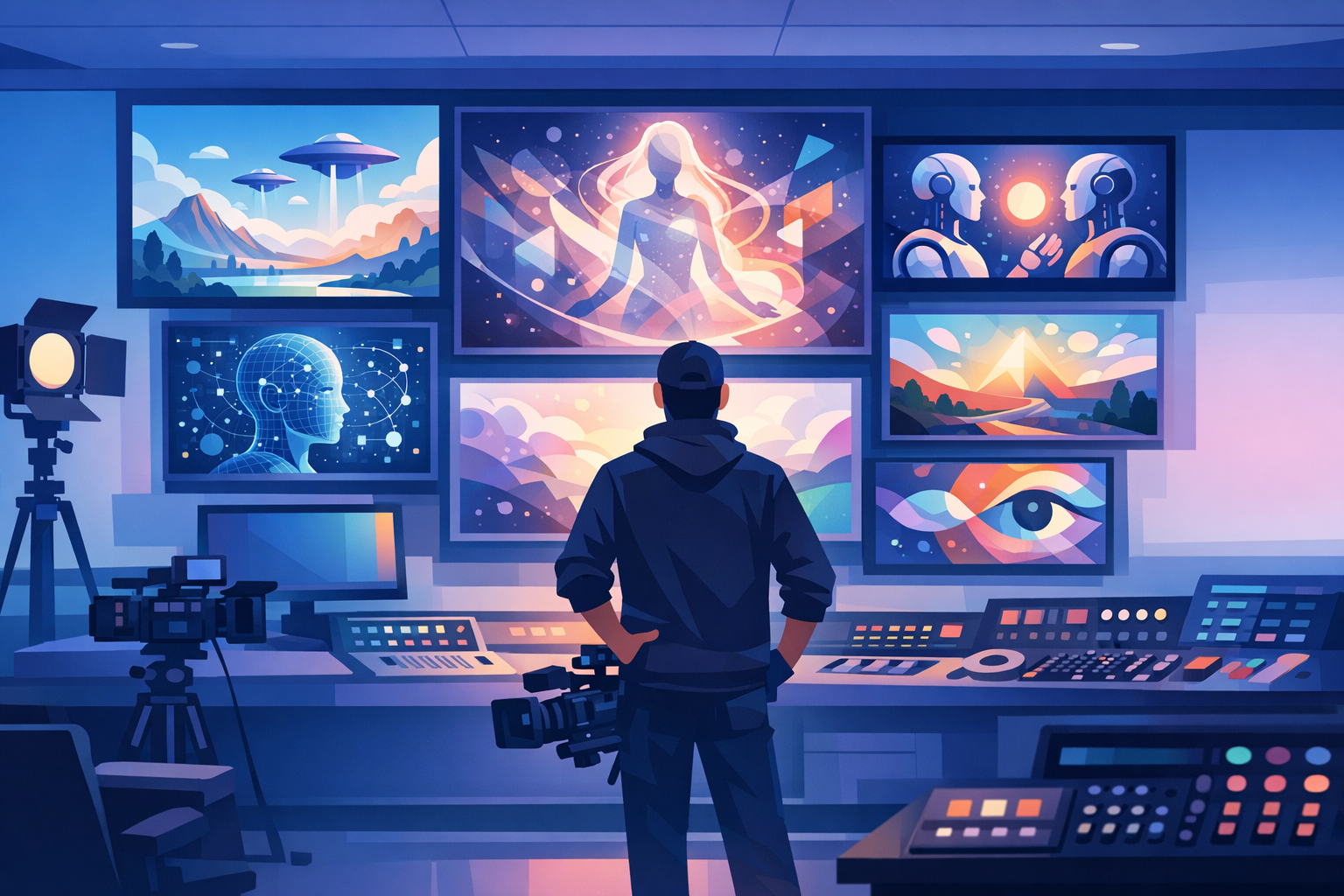 Filmmaker in control room with AI visuals.